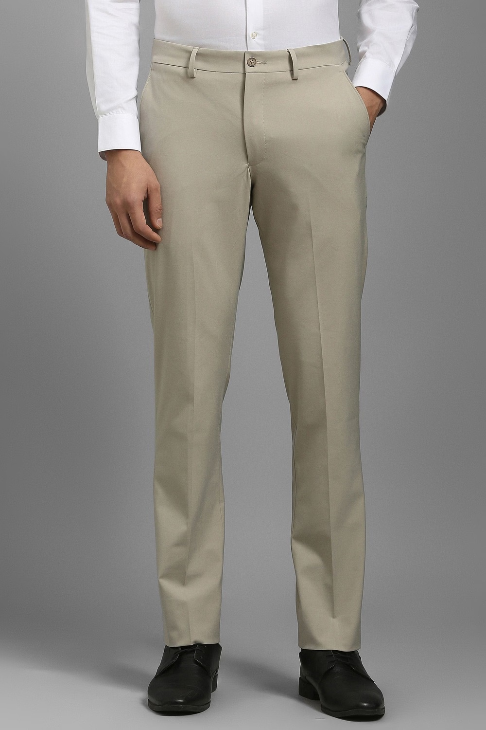 Men Beige Solid Flat Front Formal Trousers-Beige