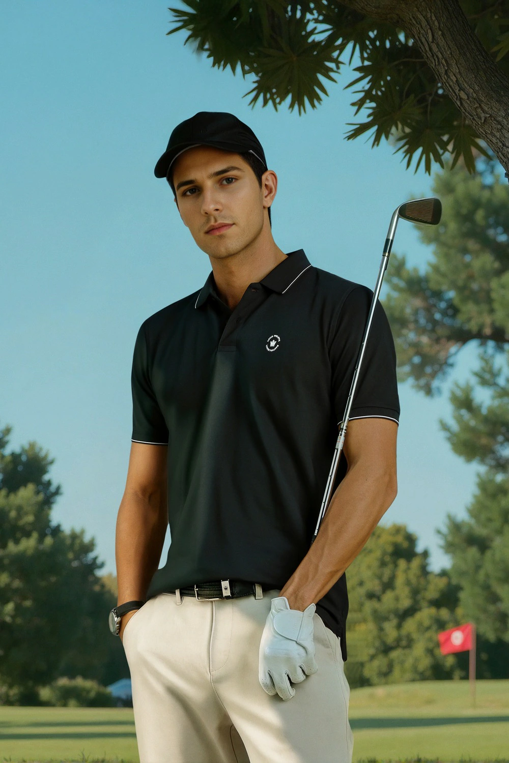 Men Black Solid Polo Neck T-shirt-Black