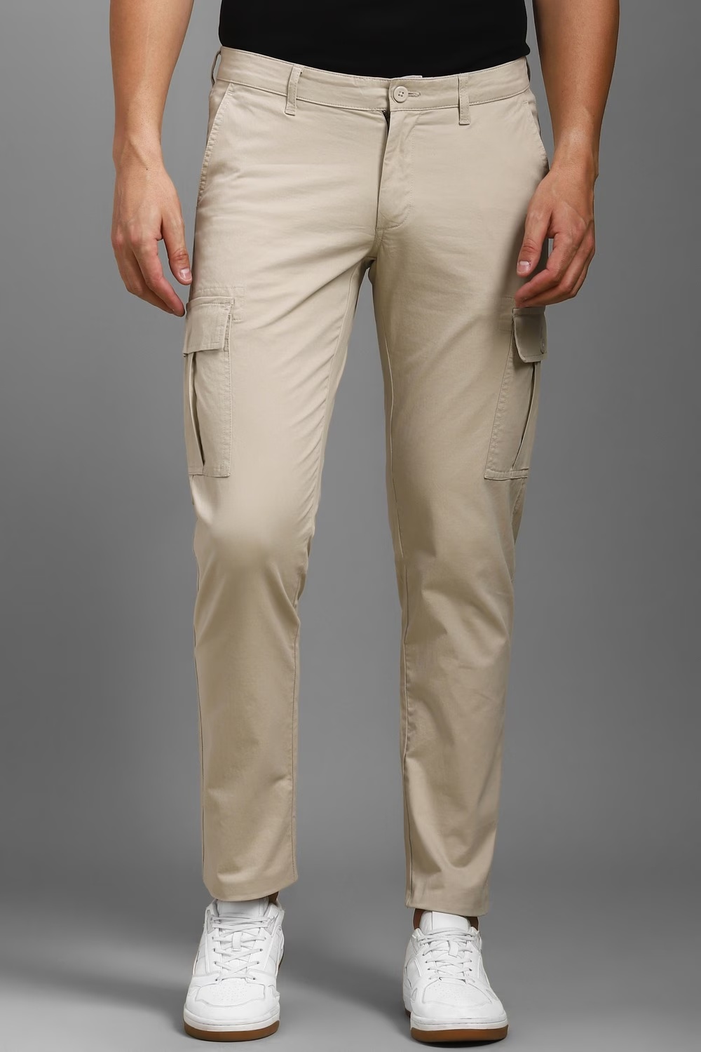 Men Beige Contemporary Fit Solid Flat Front Casual Trousers-Beige