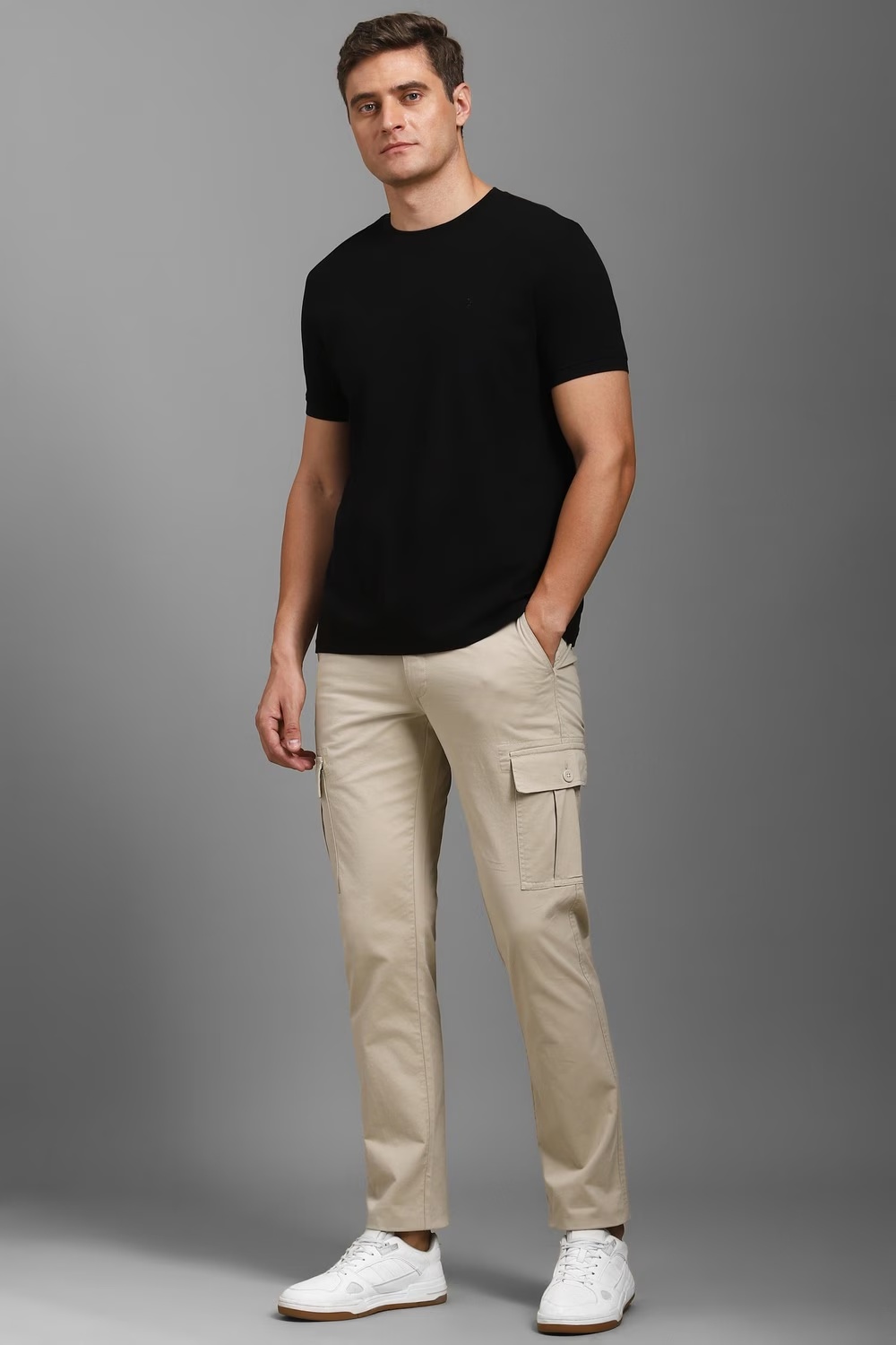 Men Beige Contemporary Fit Solid Flat Front Casual Trousers-Beige