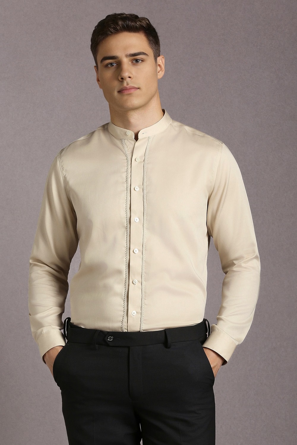 Men Beige Solid Full Sleeves Formal Shirt-Beige