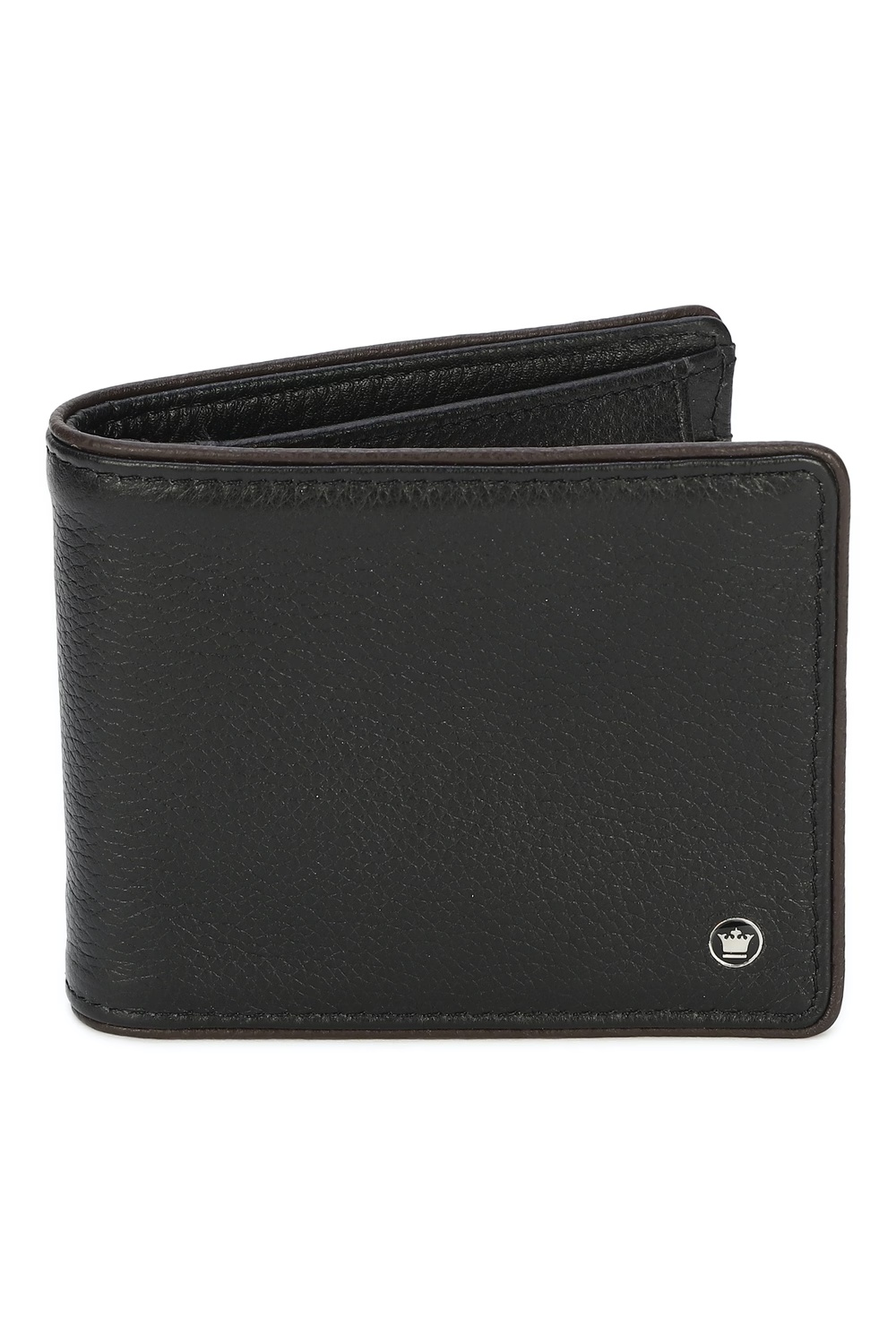 Men Solid Black Leather Bifold Wallet With Piping Detail-Black