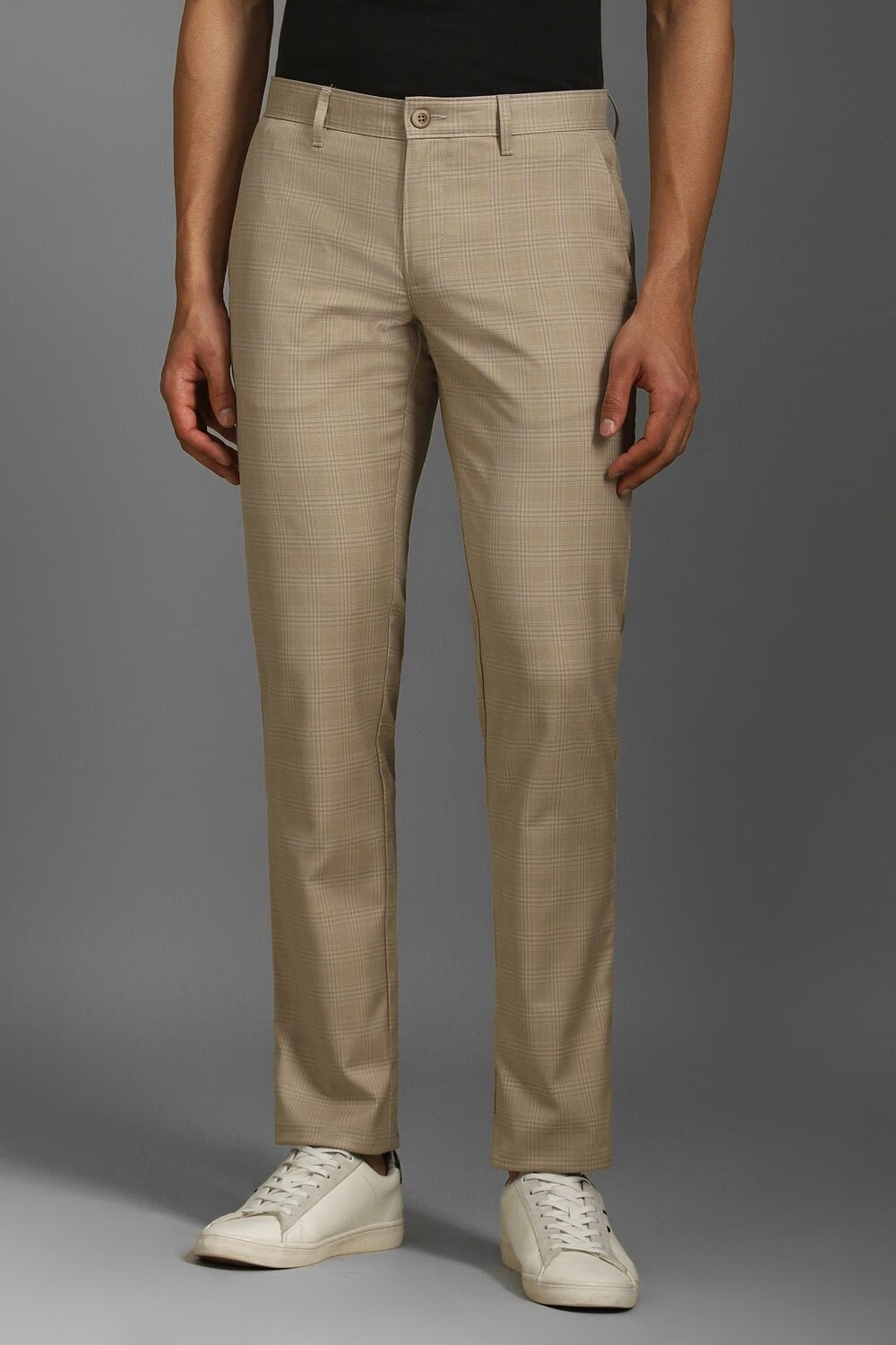 Men Beige Slim Fit Check Flat Front Casual Trousers-Beige