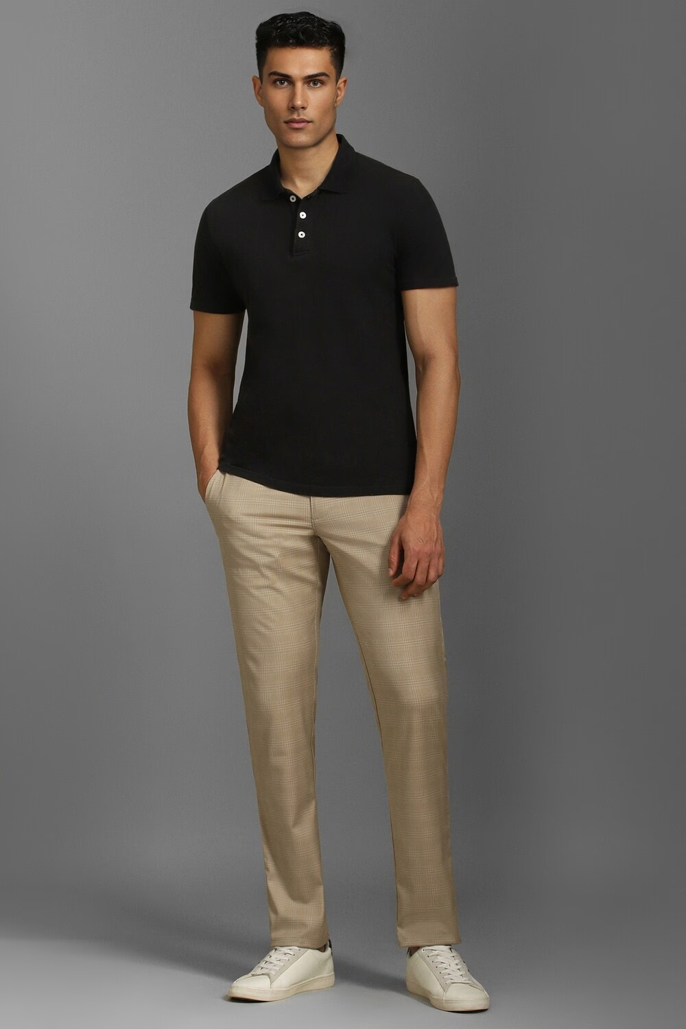 Men Beige Slim Fit Check Flat Front Casual Trousers-Beige