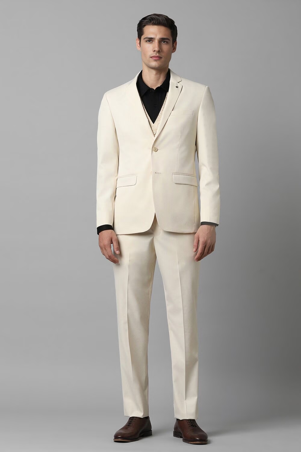 Men Cream Slim Fit Textured Formal Three Piece Suit-Cream