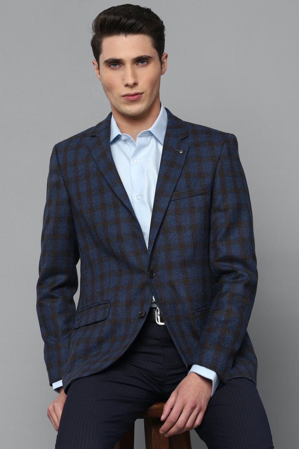 Men Blue Regular Fit Check Formal Blazer-Blue