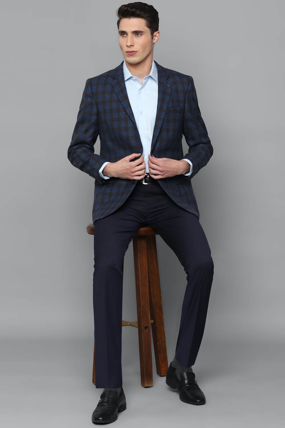 Men Blue Regular Fit Check Formal Blazer-Blue