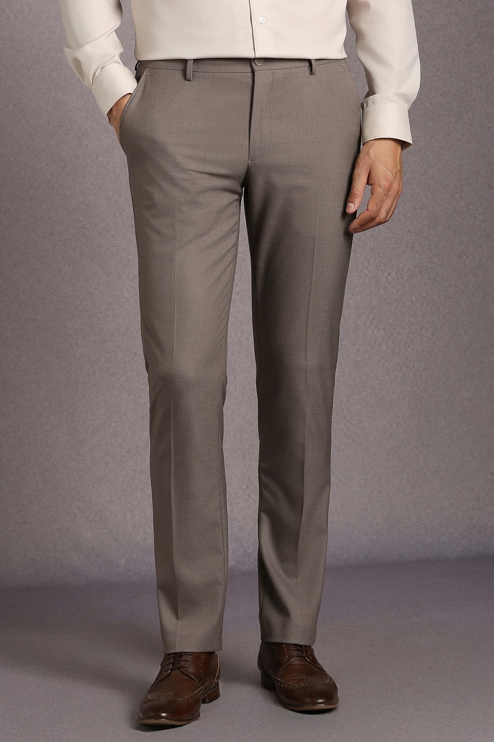 Men Brown Textured Flat Front Formal Trousers-Brown