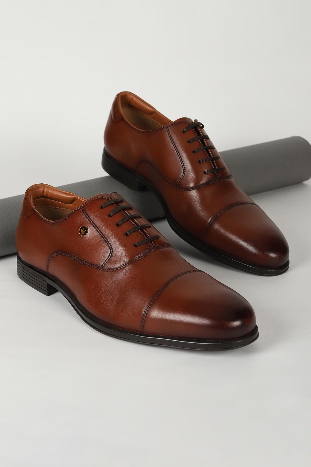 Men Cap toe Oxford Leather Tan Lace Up Shoes-Tan