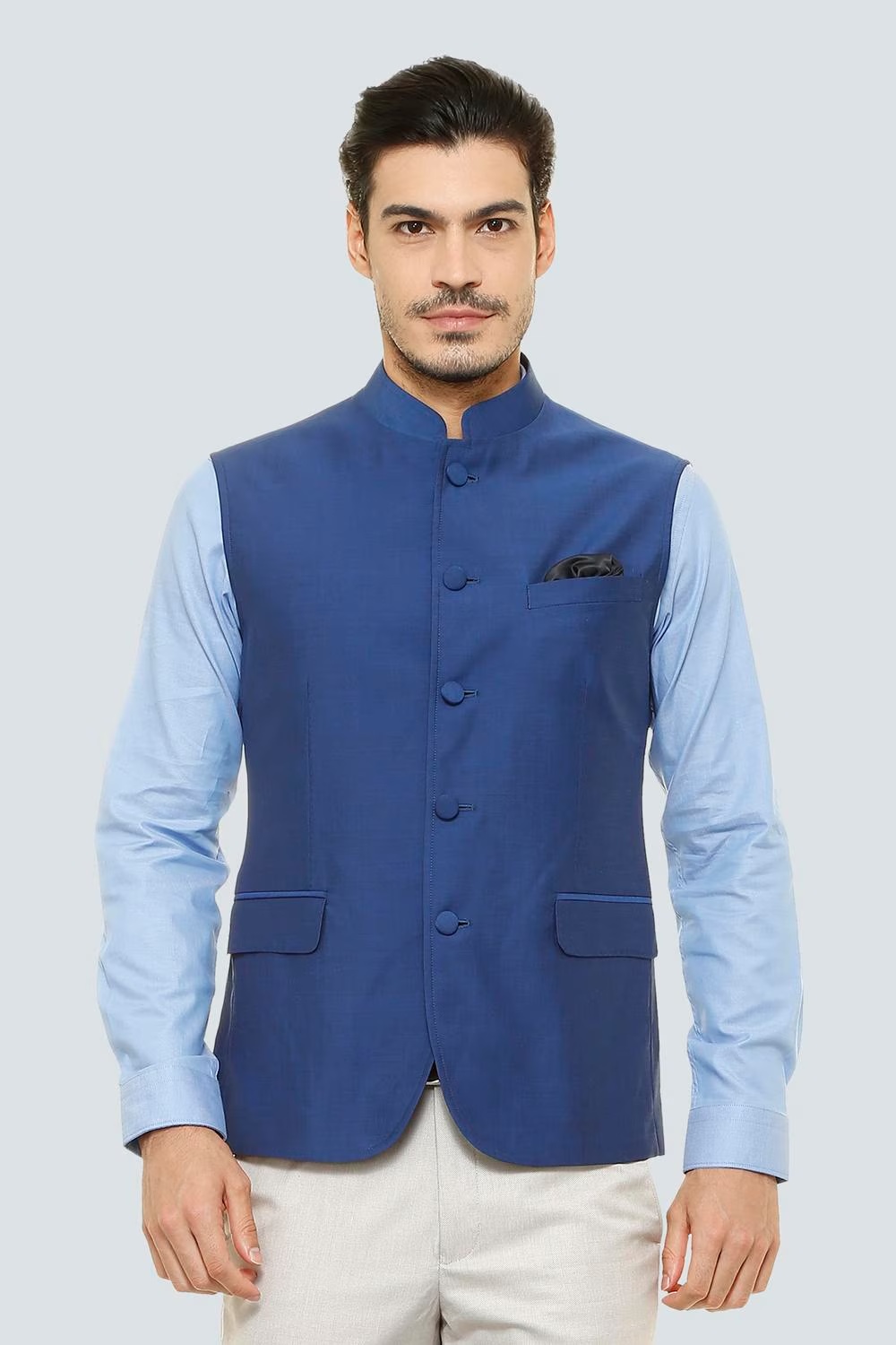 Men Blue Solid Business Casual Nehru Jacket-Blue