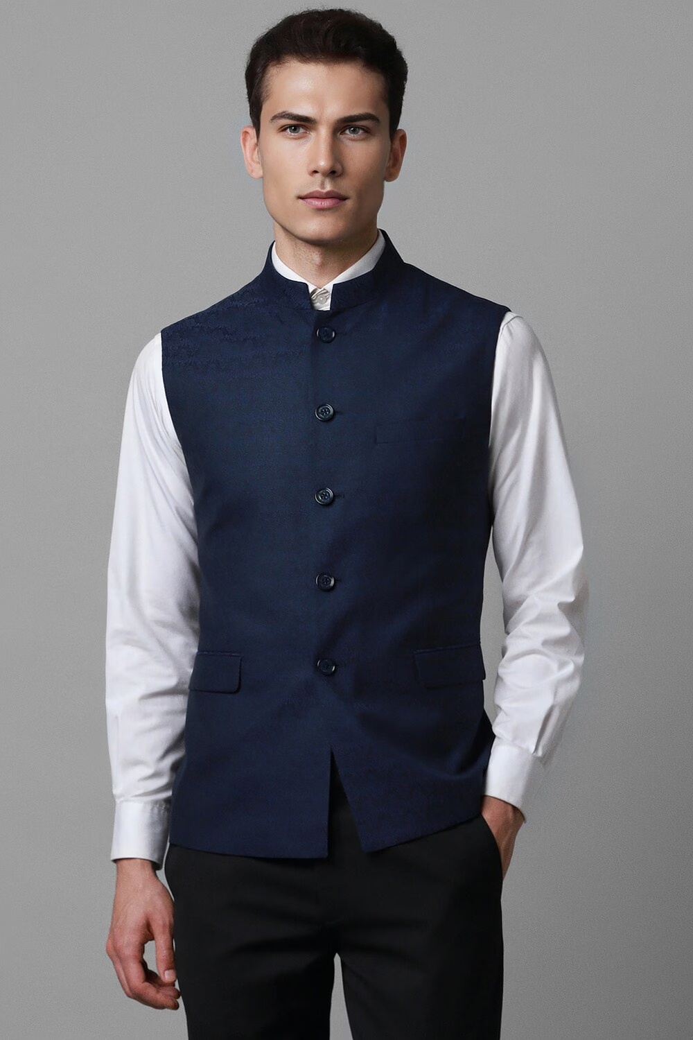 Men Navy Print Slim Fit Party Nehru Jacket-Navy