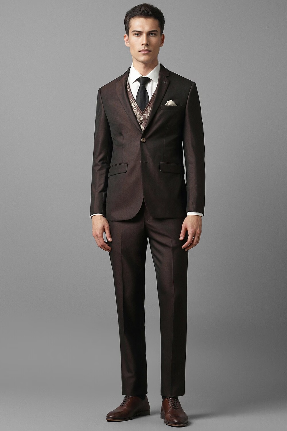Men Brown Slim Fit Textured Formal Three Piece Suit-Brown