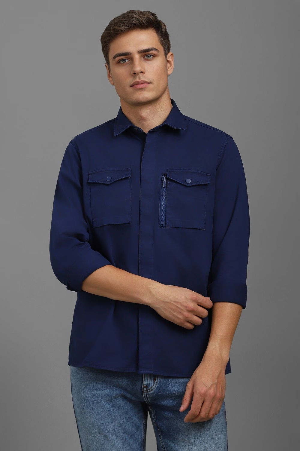 Men Navy Slim Fit Solid Full Sleeves Casual Shirt-Navy