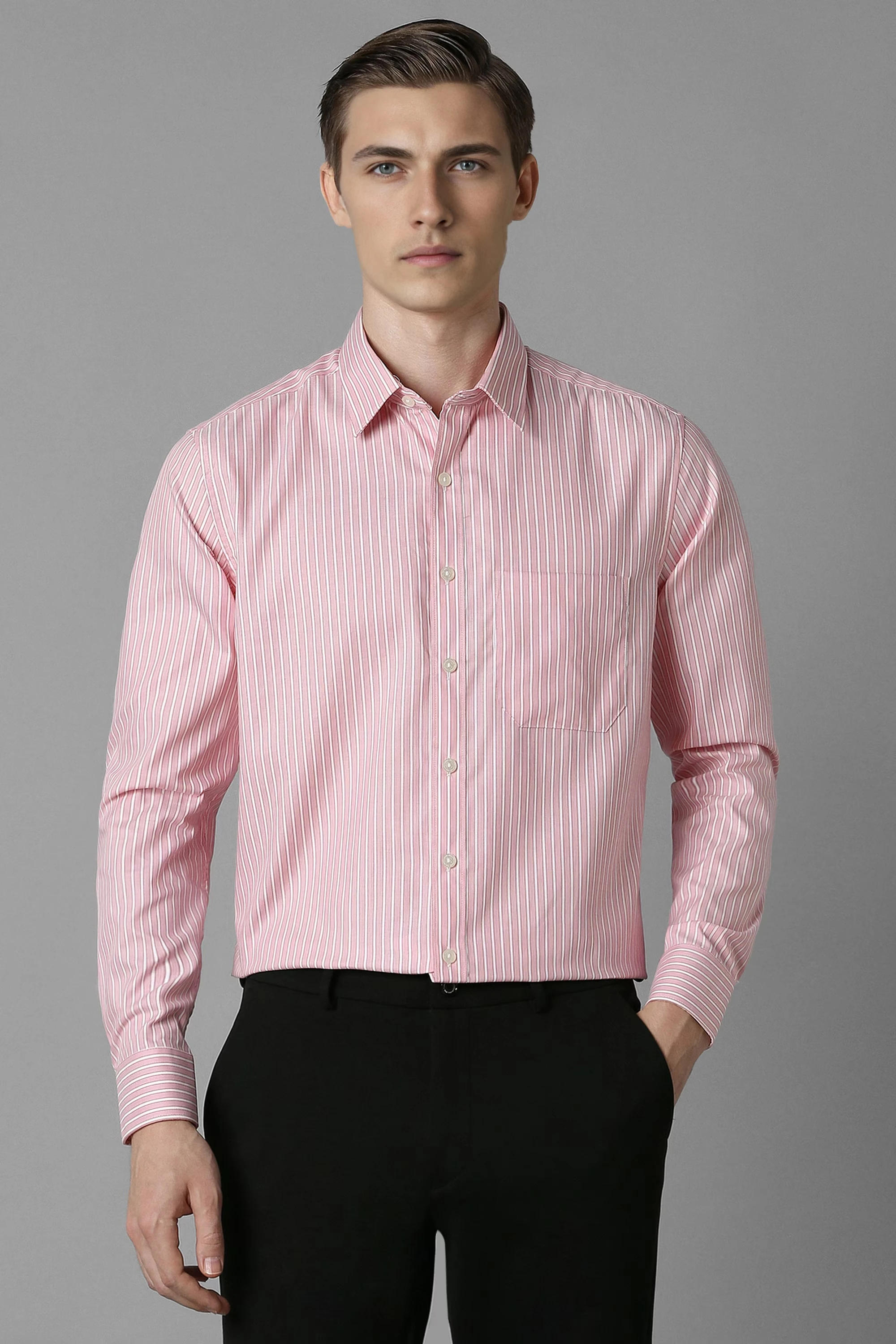 Men Pink Slim Fit Stripe Full Sleeves Formal Shirt-Pink