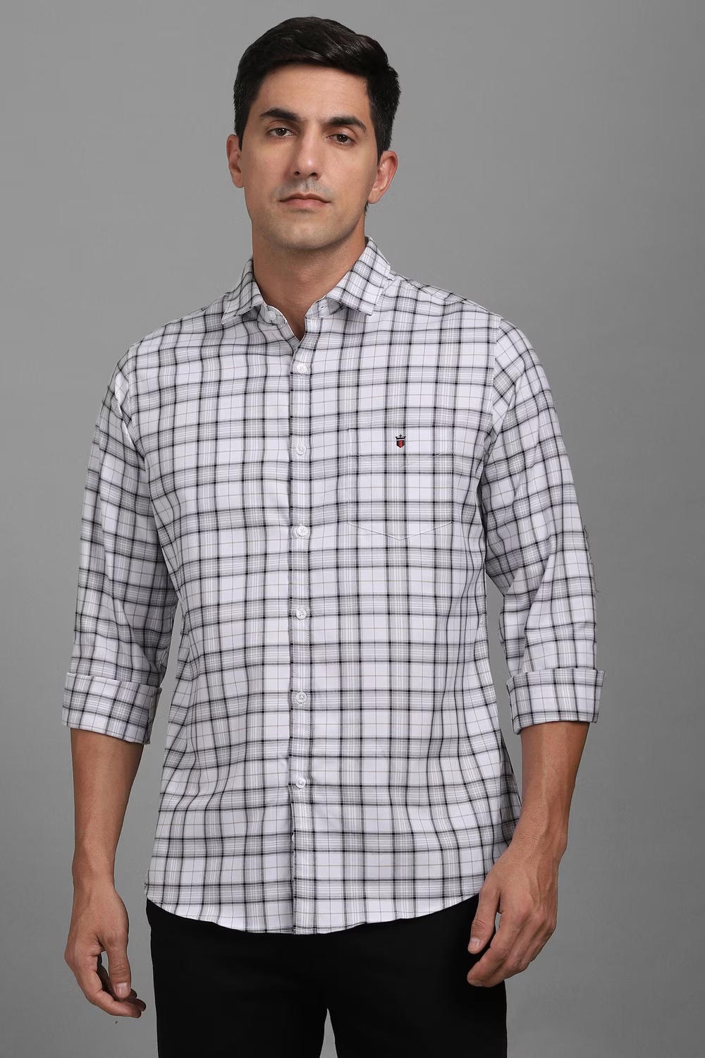 Men White Slim Fit Check Full Sleeves Casual Shirt-White