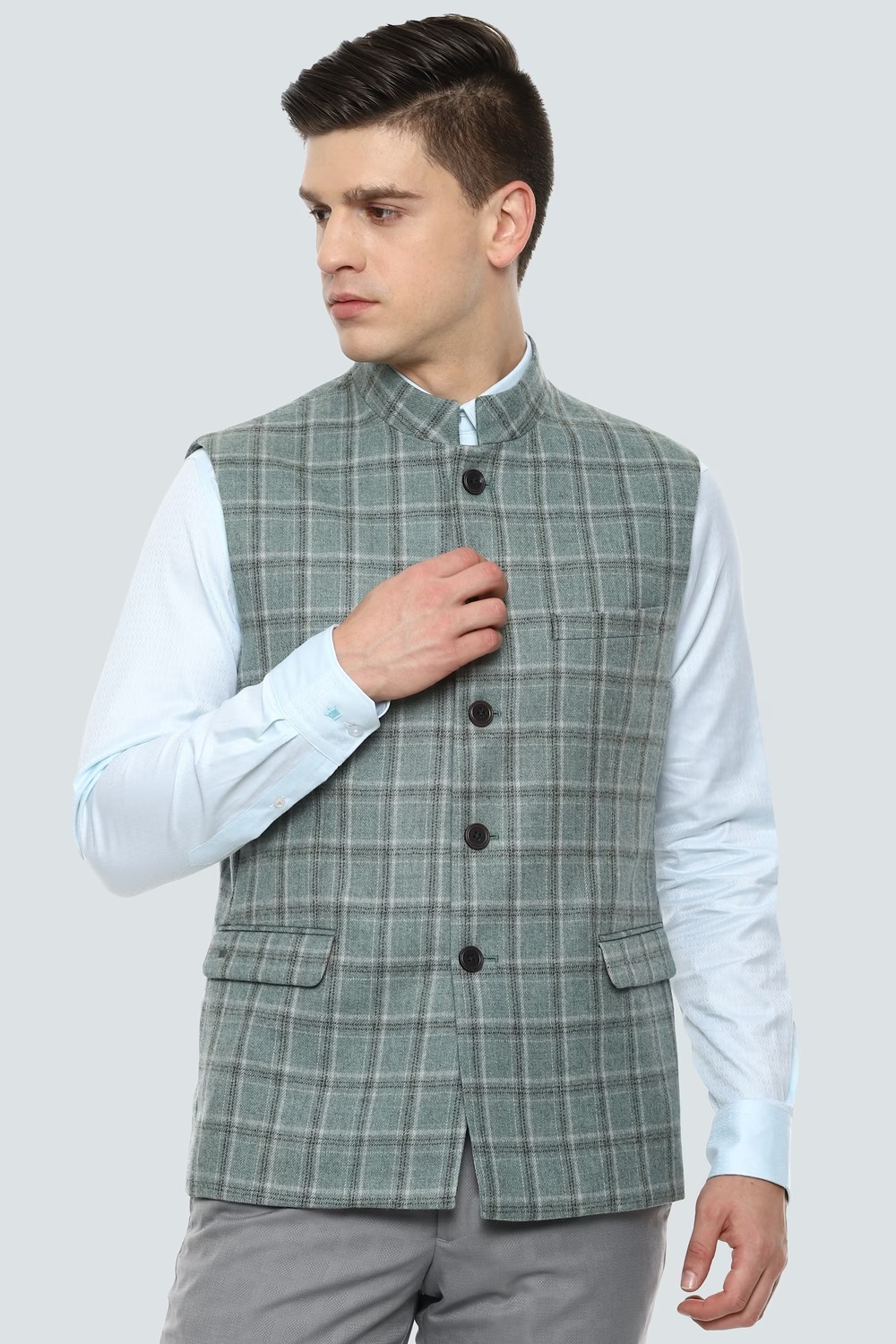 Men Grey Check Slim Fit Formal Nehru Jacket-Grey
