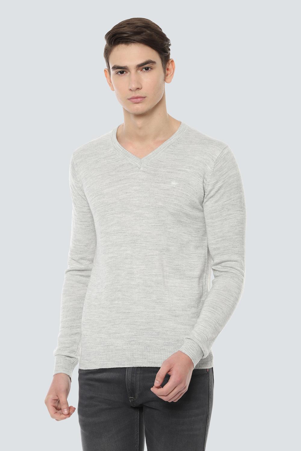 Men Grey Knit V Neck Full Sleeves Sweater-Grey