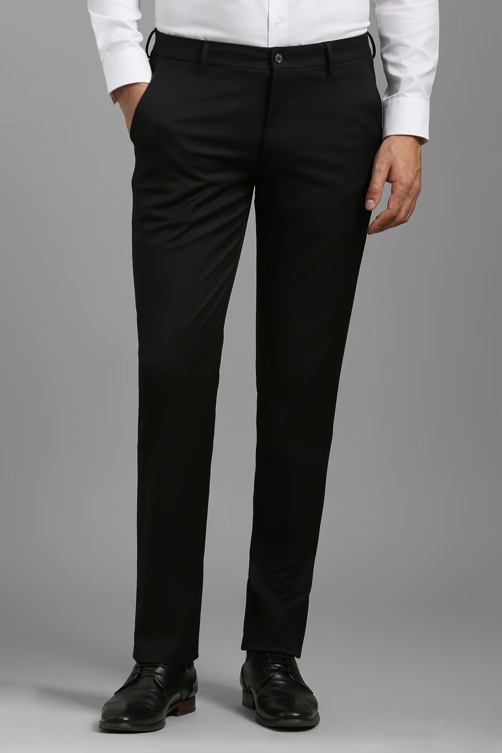 Men Black Solid Flat Front Formal Trousers-Black
