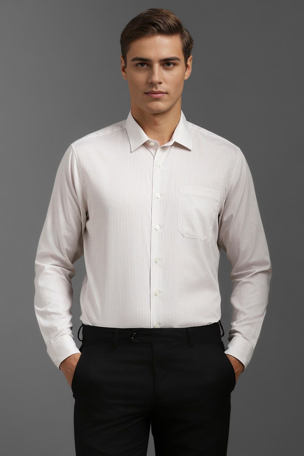 Men White Slim Fit Check Full Sleeves Formal Shirt-White