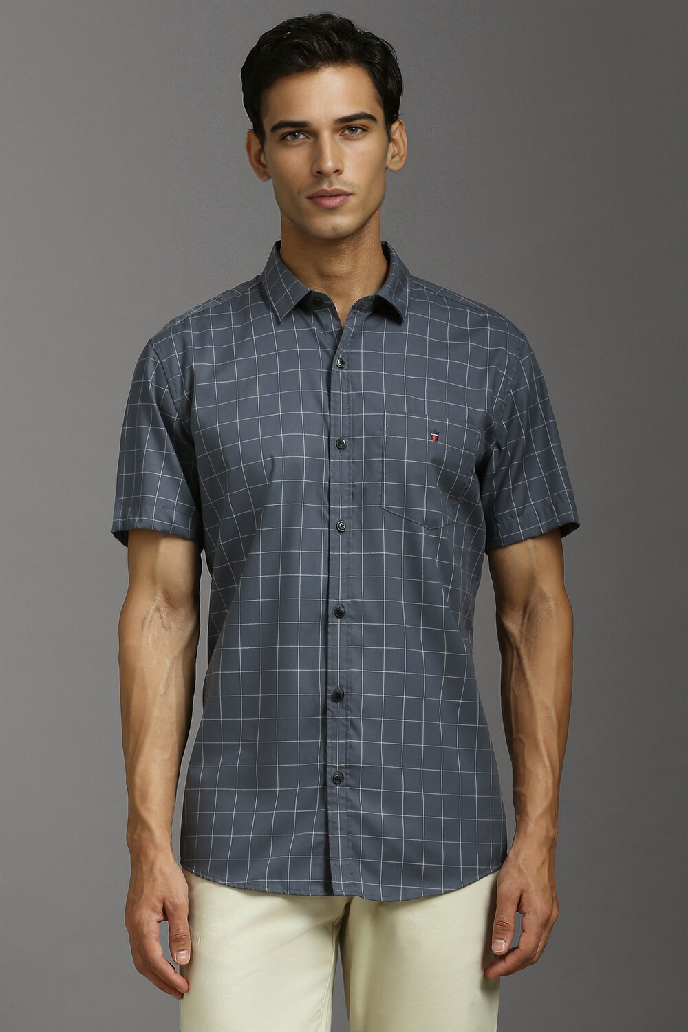 Men Grey Slim Fit Check Half Sleeves Casual Shirt-Grey