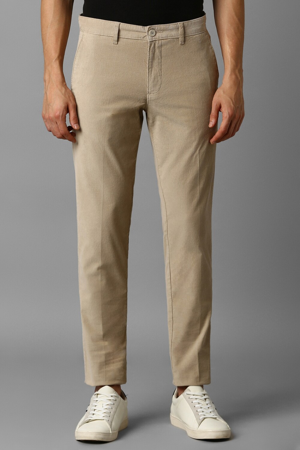 Men Khaki Slim Fit Textured Flat Front Casual Trousers-Khaki
