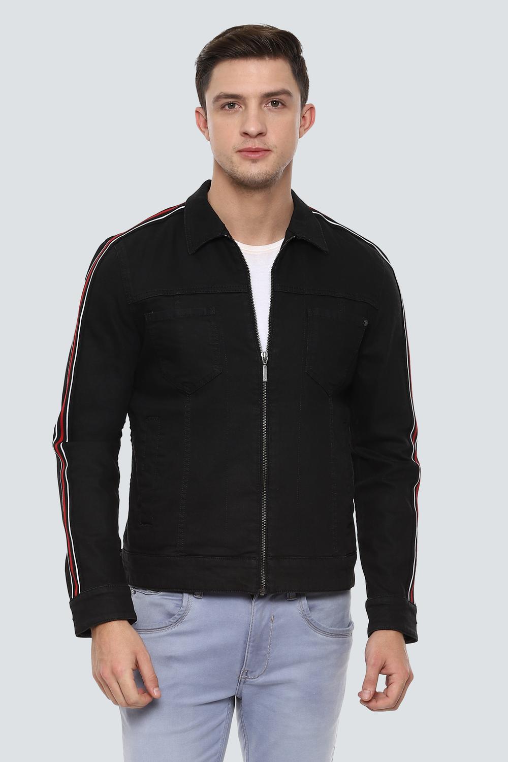 Men Casual Black Textured Jackets-Black