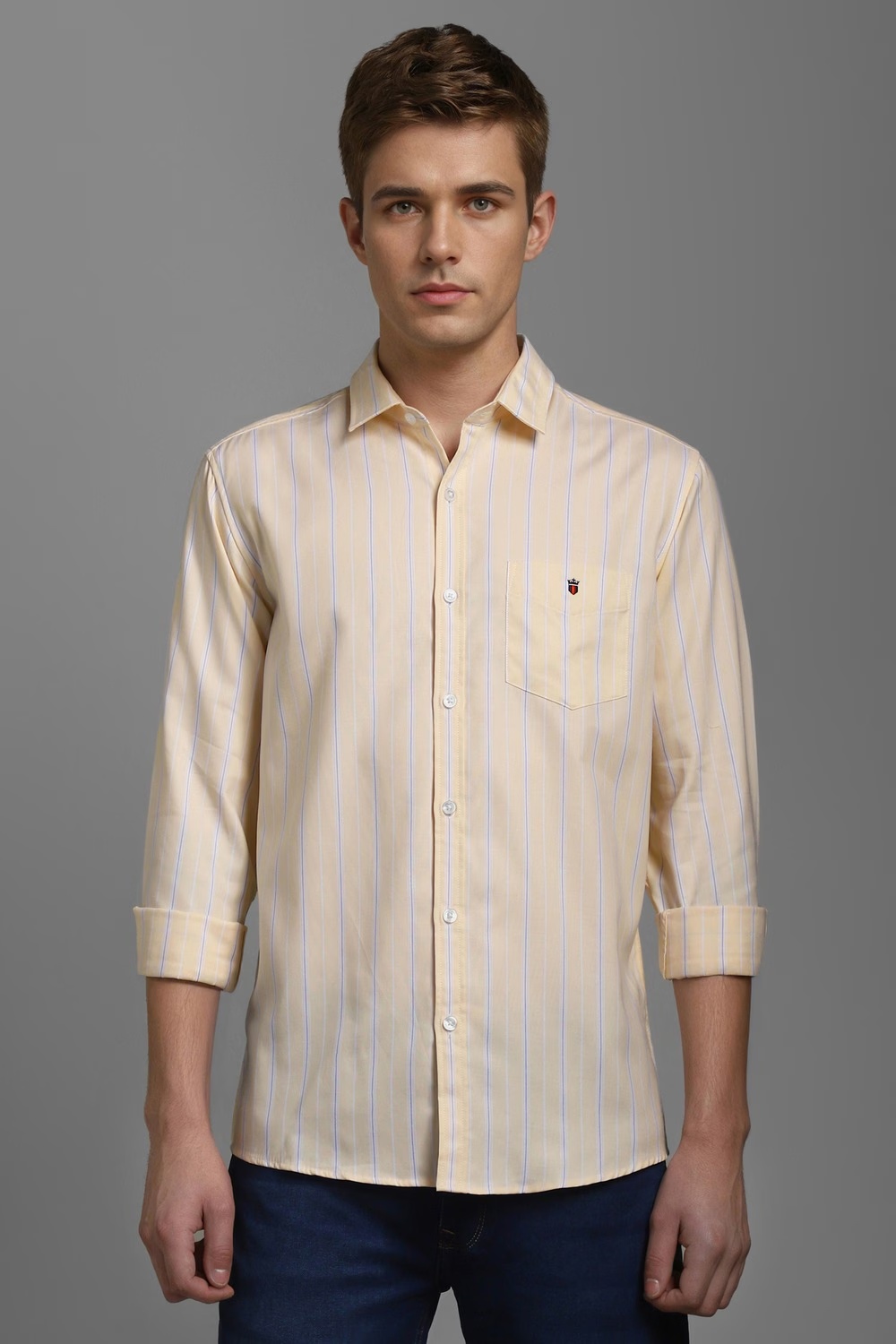 Men Beige Slim Fit Stripe Full Sleeves Casual Shirt-Beige