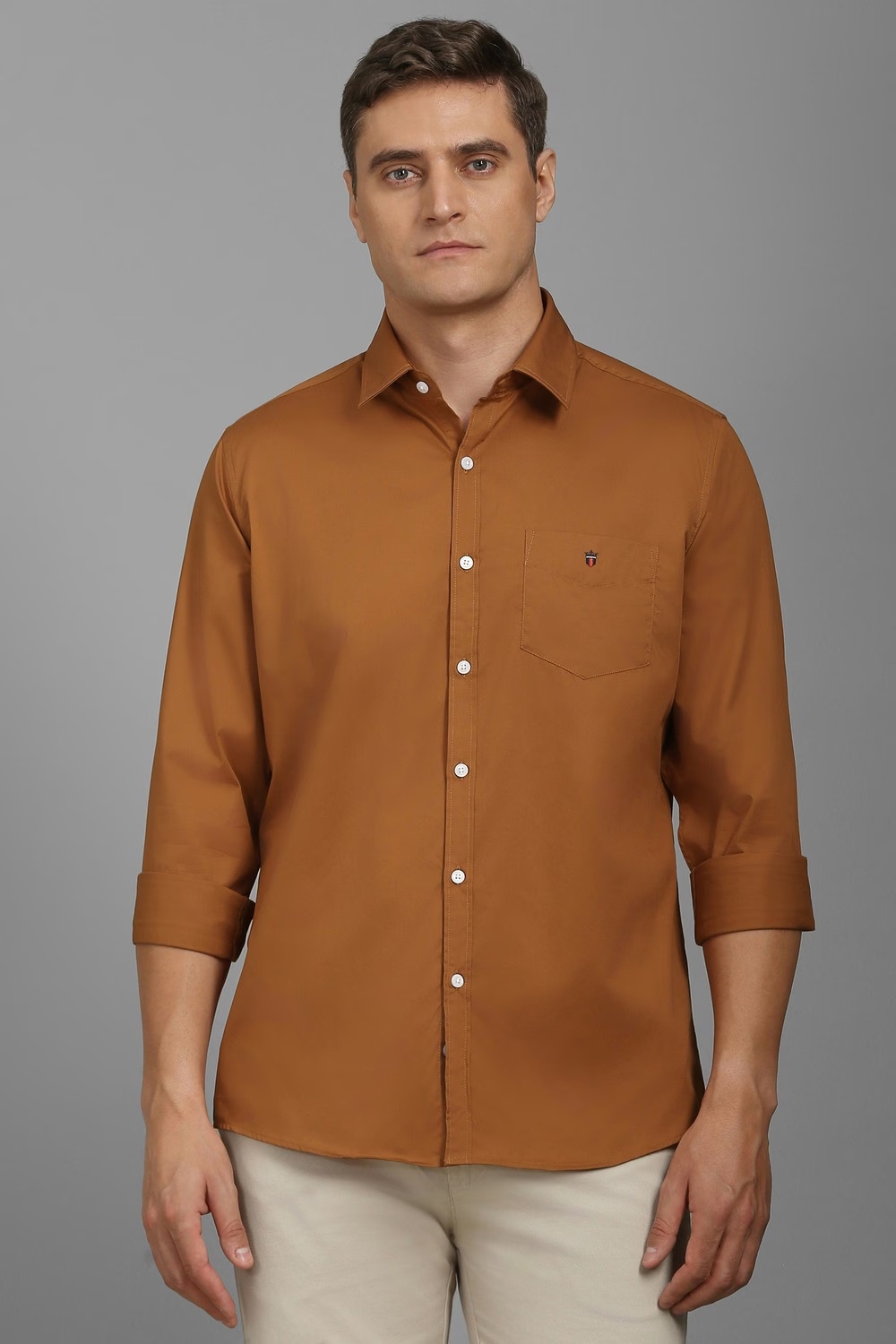 Men Brown Slim Fit Solid Full Sleeves Casual Shirt-Brown