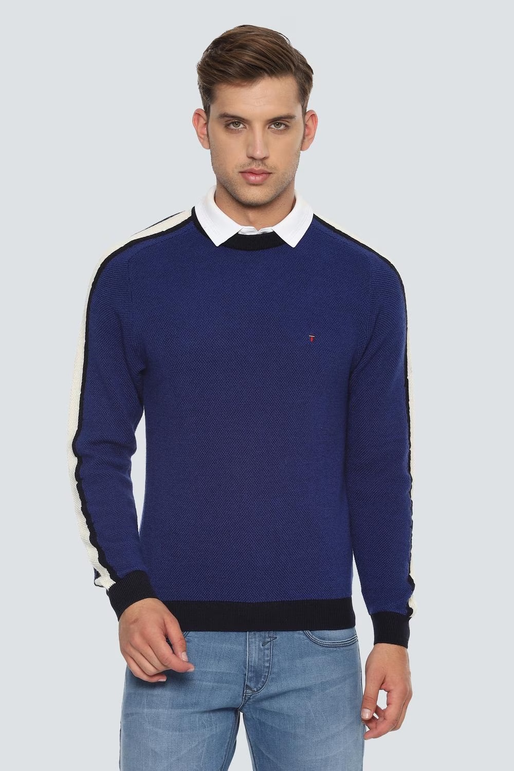 Men Blue Textured Crew Neck Full Sleeves Sweater-Blue