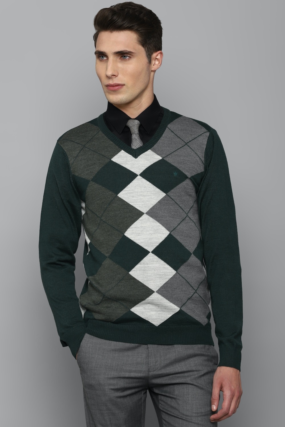Men Green Check V Neck Full Sleeves Sweater-Green