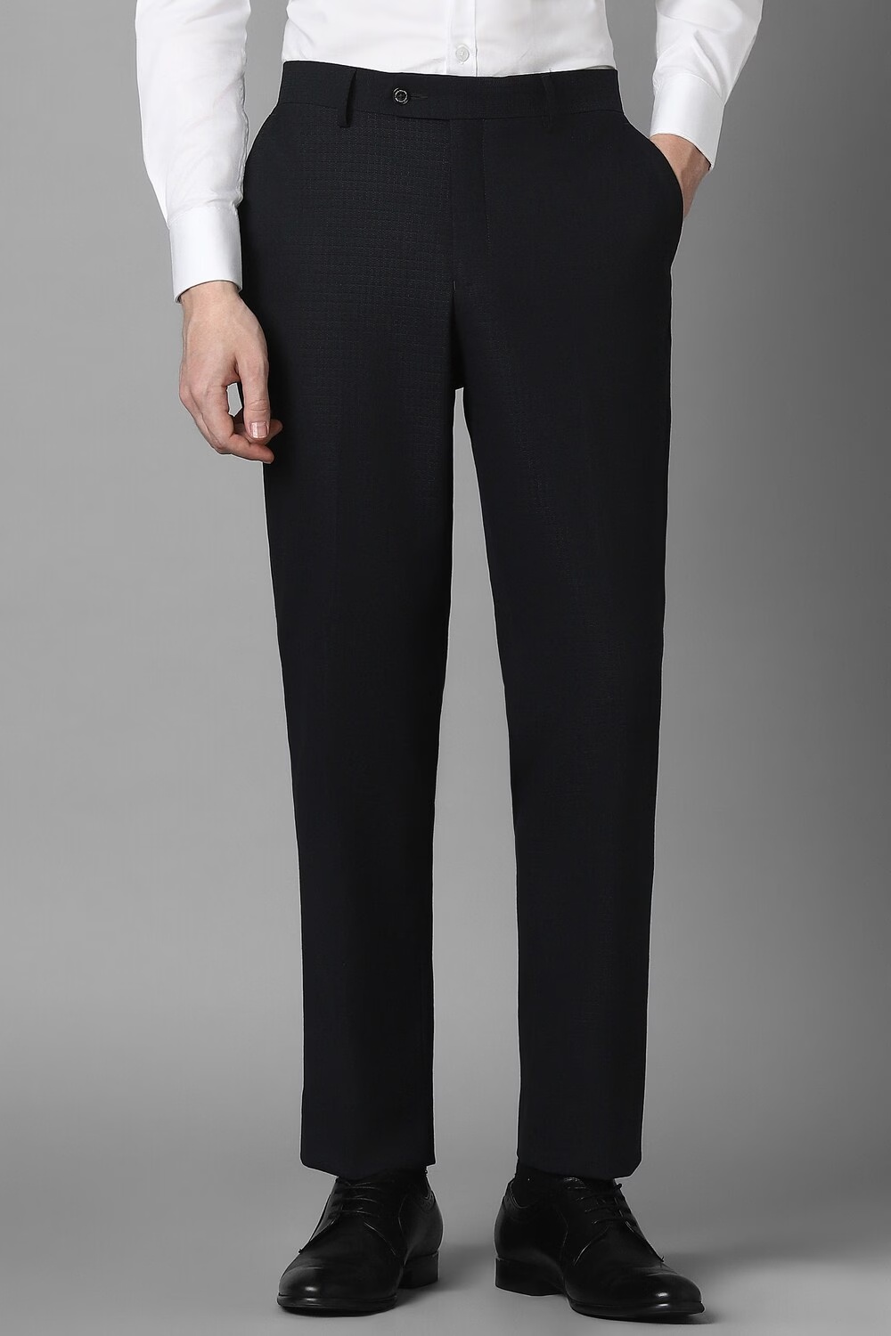 Men Black Slim Fit Check Flat Front Formal Trousers-Black