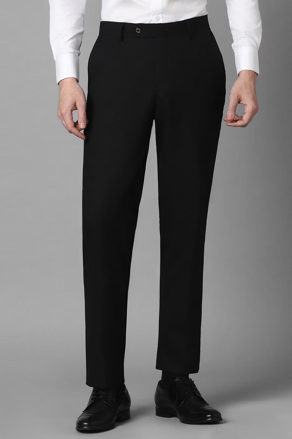 Men Black Slim Fit Solid Flat Front Formal Trousers-Black