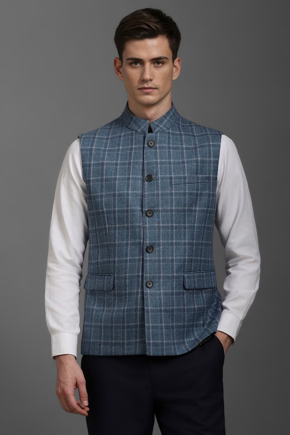 Men Blue Check Slim Fit Casual Nehru Jacket-Blue
