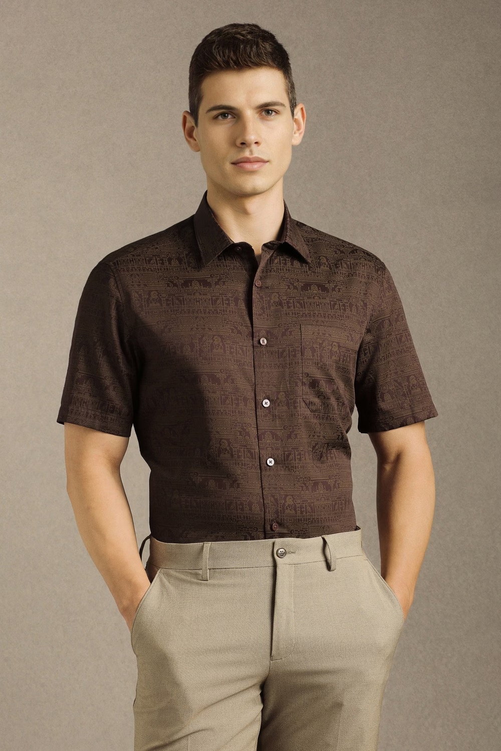 Men Brown Print Half Sleeves Formal Shirt-Brown 1 27997-men-brown-print-half-sleeves-formal-shirt-brown-1.jpg