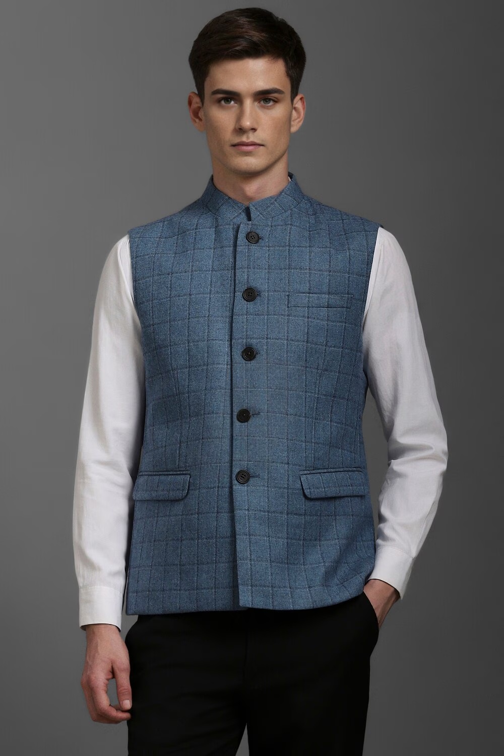 Men Blue Check Slim Fit Casual Nehru Jacket-Blue