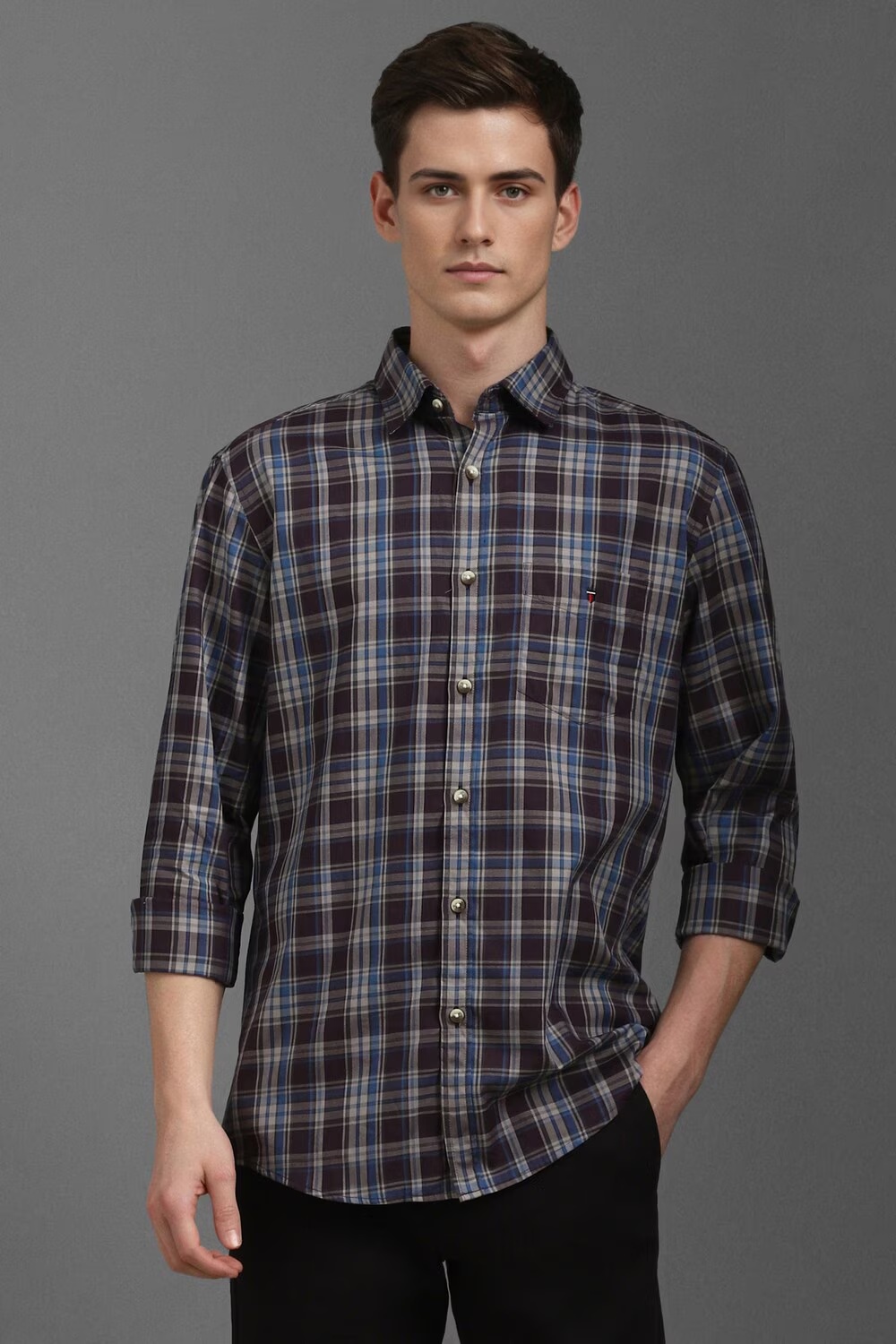 Men Brown Slim Fit Check Full Sleeves Casual Shirt-Brown