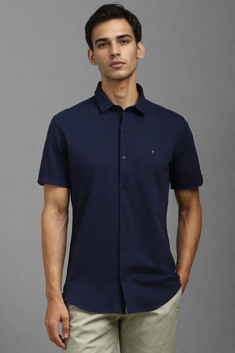 Men Navy Super Slim Fit Textured Half Sleeves Casual Shirt-Navy
