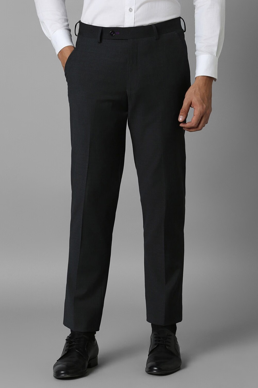 Men Grey Slim Fit Check Flat Front Formal Trousers-Grey