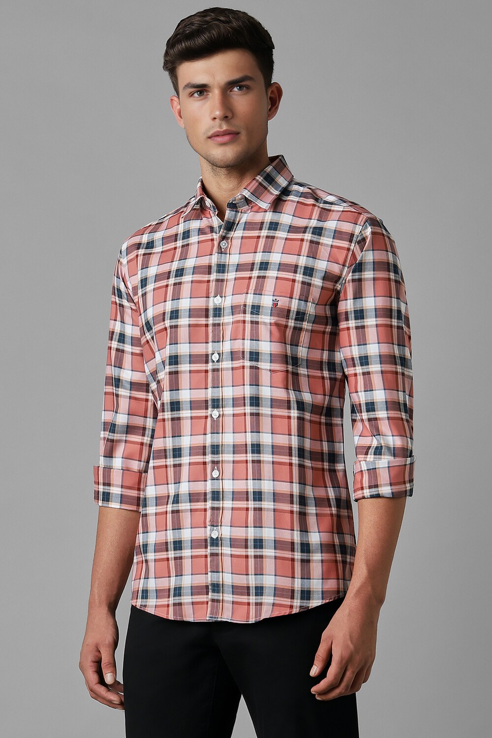 Men Peach Slim Fit Check Full Sleeves Casual Shirt-Peach