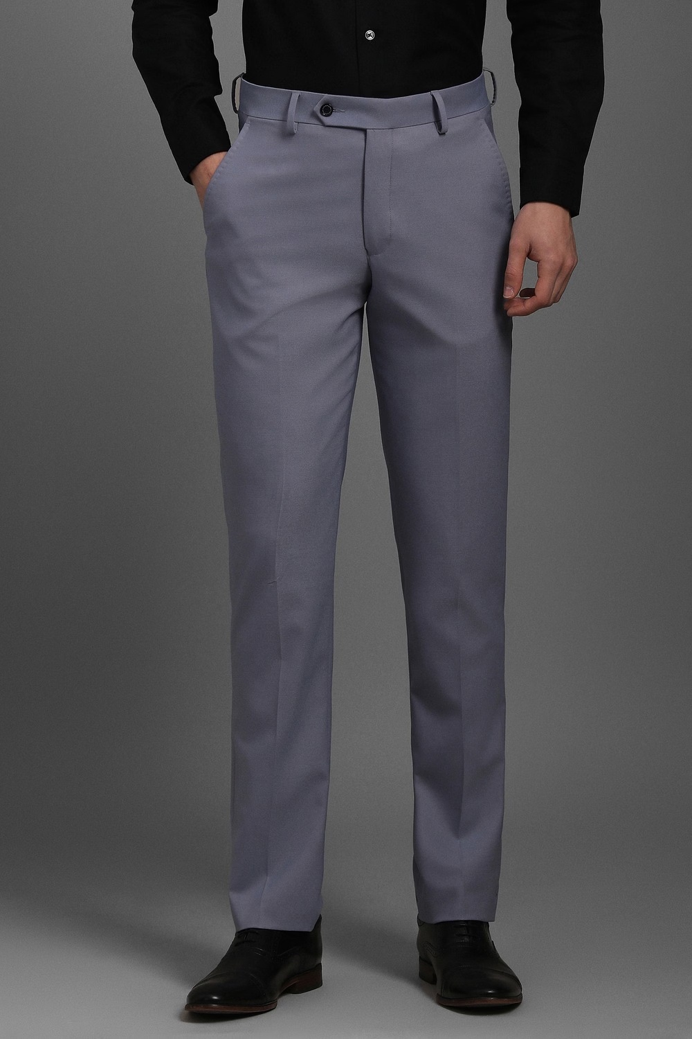 Men Grey Textured Flat Front Formal Trousers-Grey
