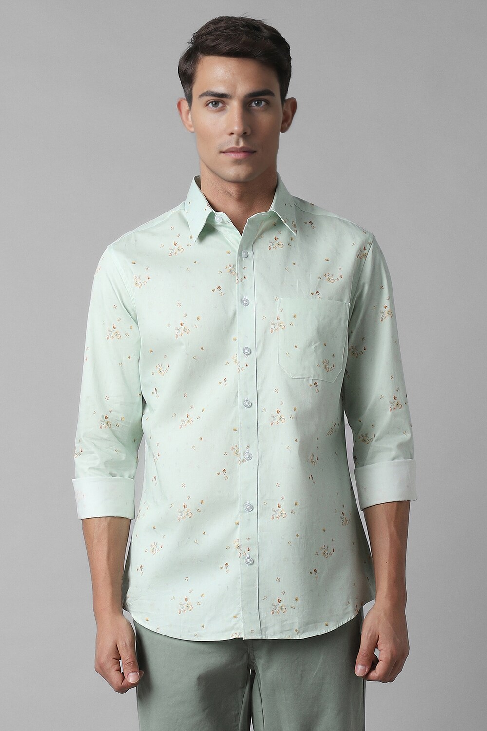 Men Green Slim Fit Print Full Sleeves Formal Shirt-Green