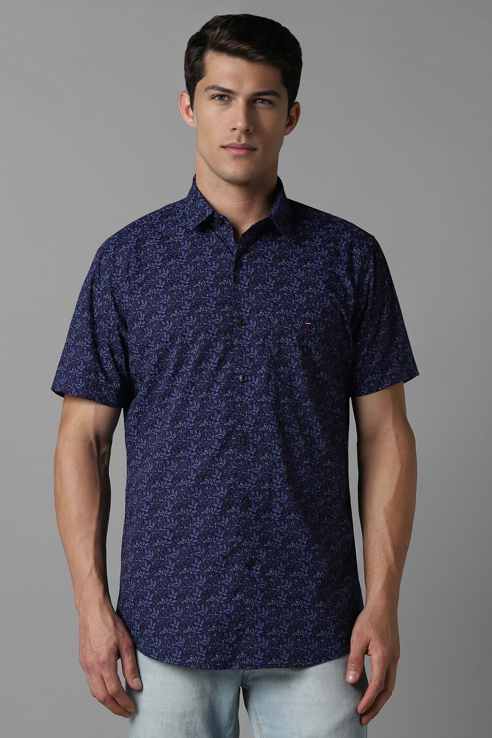 Men Navy Slim Fit Print Half Sleeves Casual Shirt-Navy