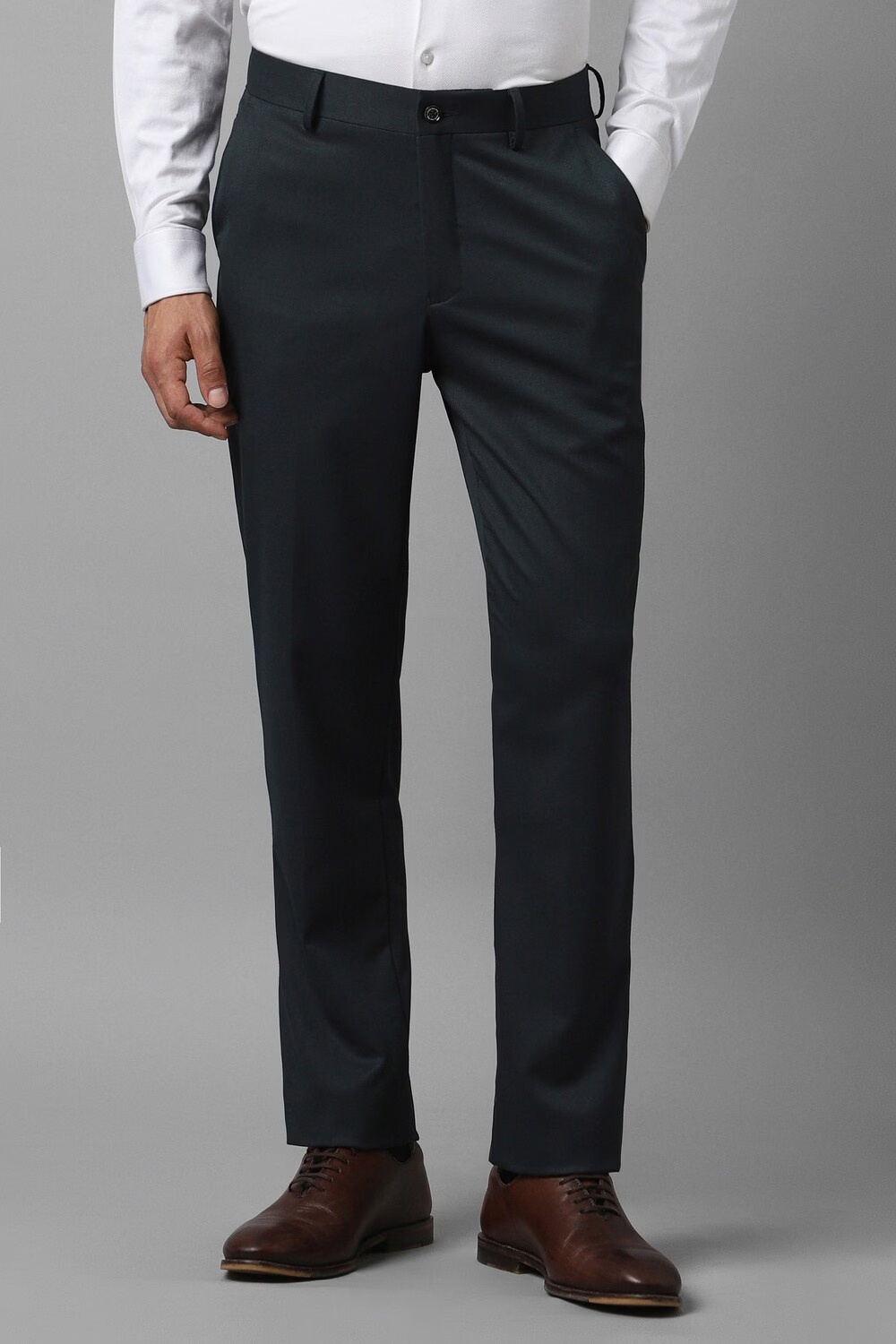 Men Green Slim Fit Textured Flat Front Formal Trousers-Green