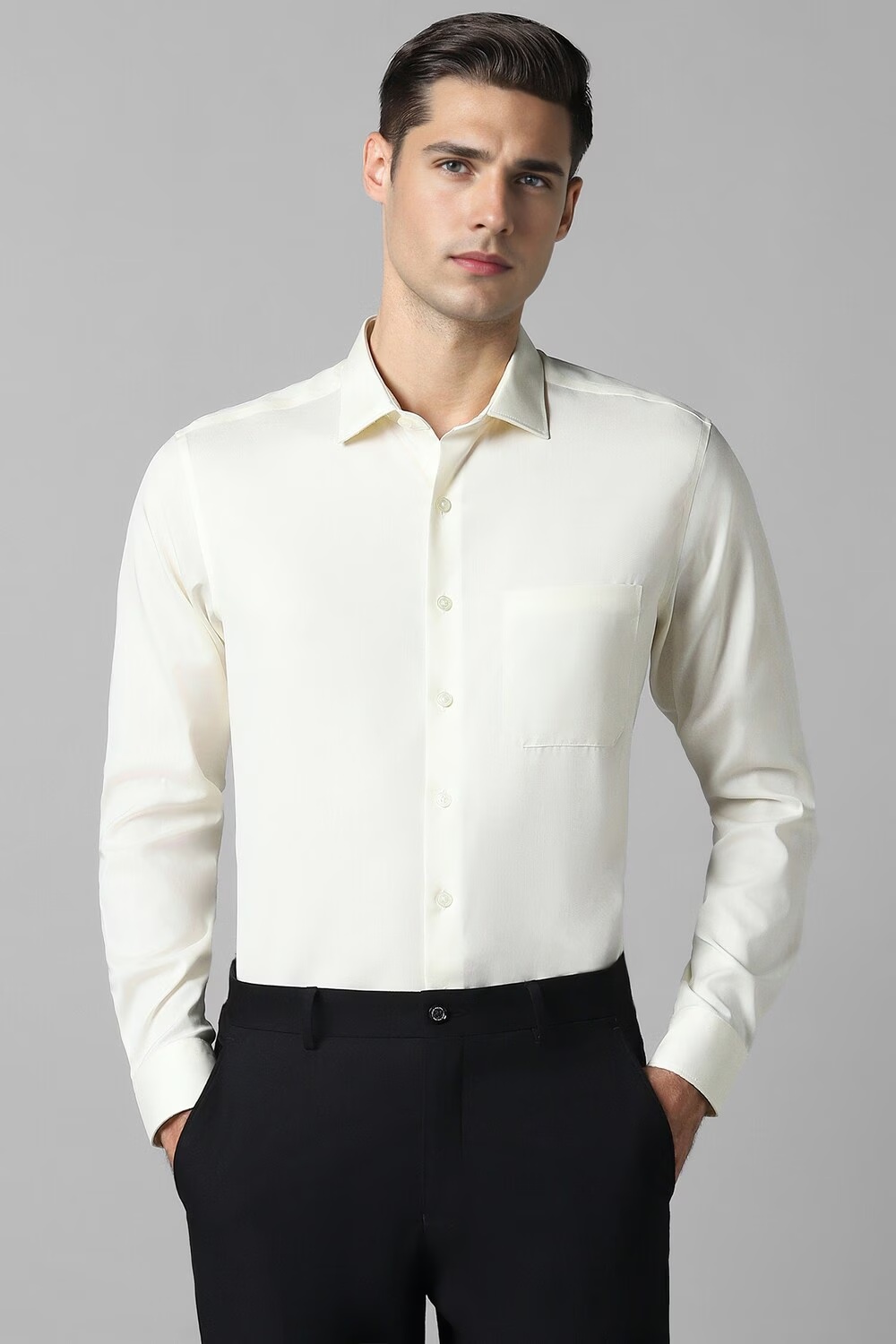 Men Cream Slim Fit Solid Full Sleeves Formal Shirt-Cream