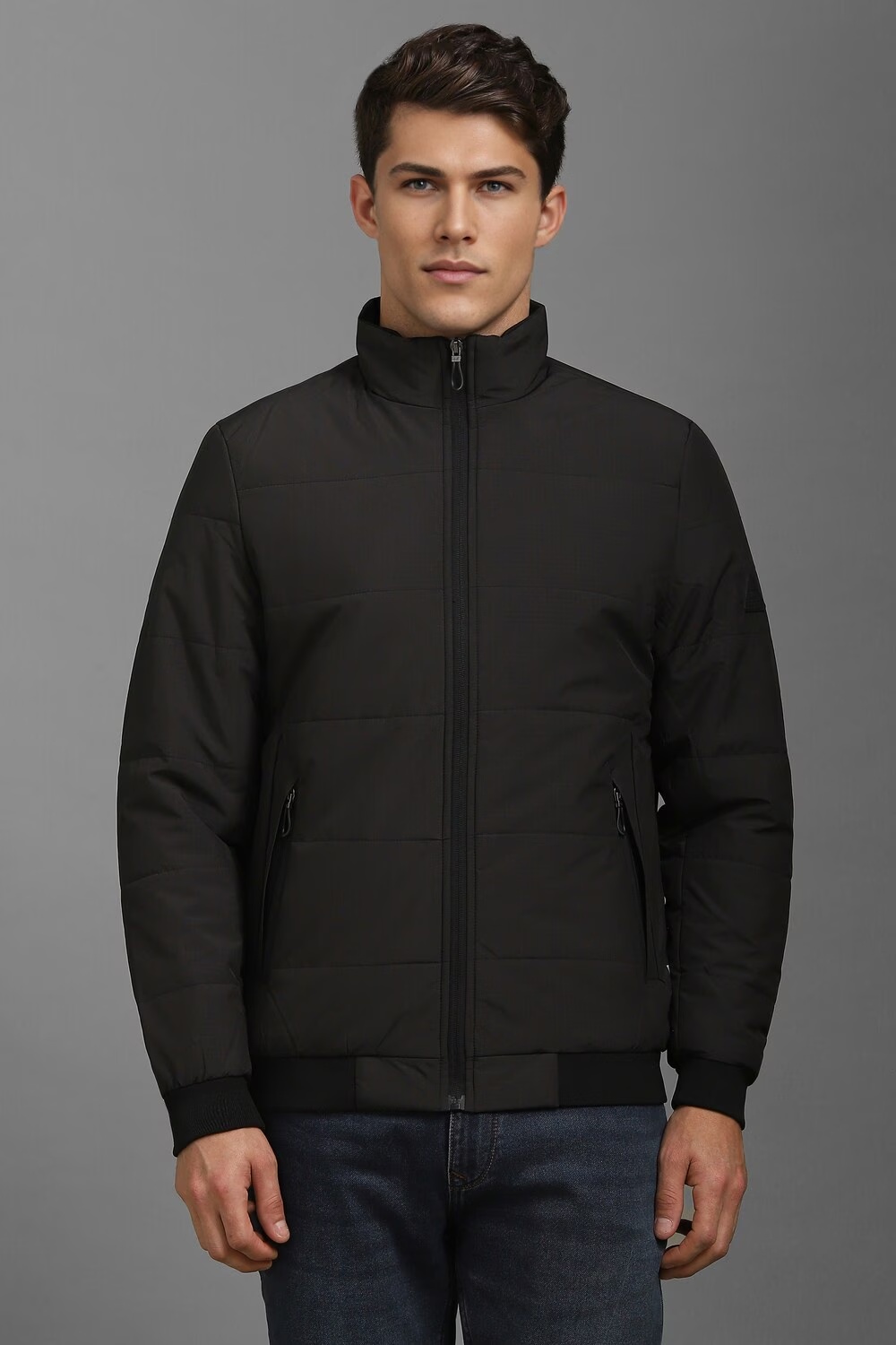 Men Casual Black Textured Jackets-Black