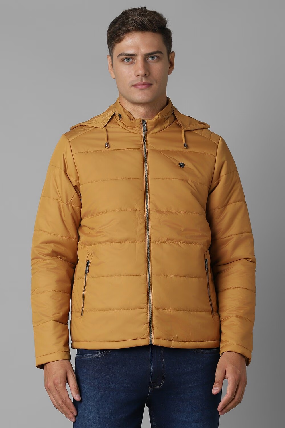 Men Casual Khaki Solid Jackets-Khaki