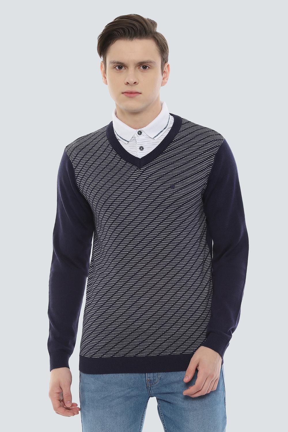 Men Navy Textured V Neck Full Sleeves Sweater-Navy