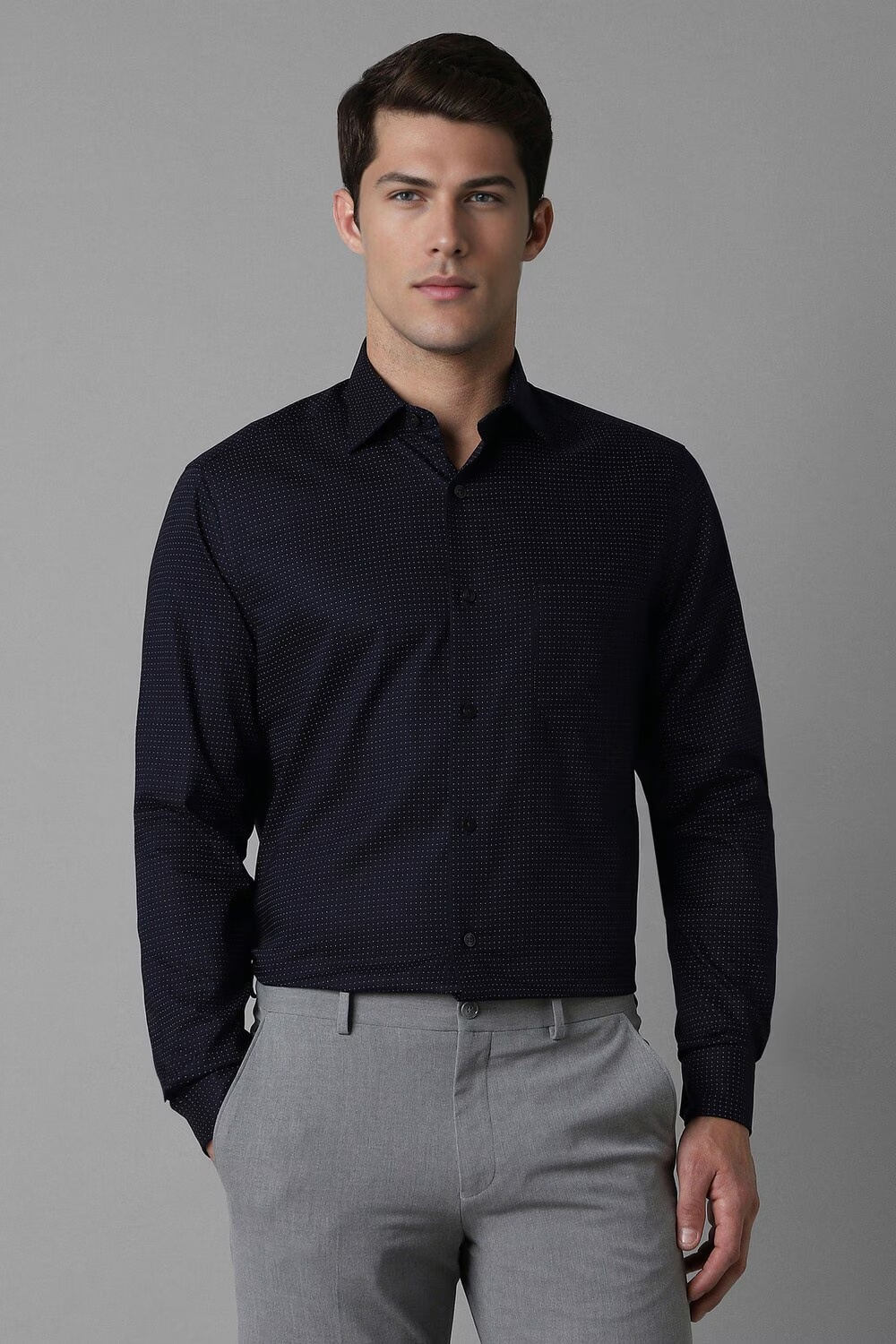 Men Navy Classic Fit Dots Full Sleeves Formal Shirt-Navy