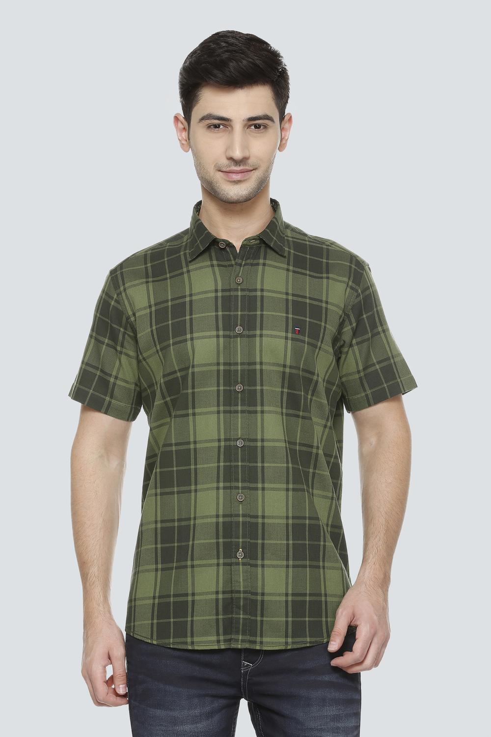 Men Green Check Half Sleeves Casual Shirt-Green