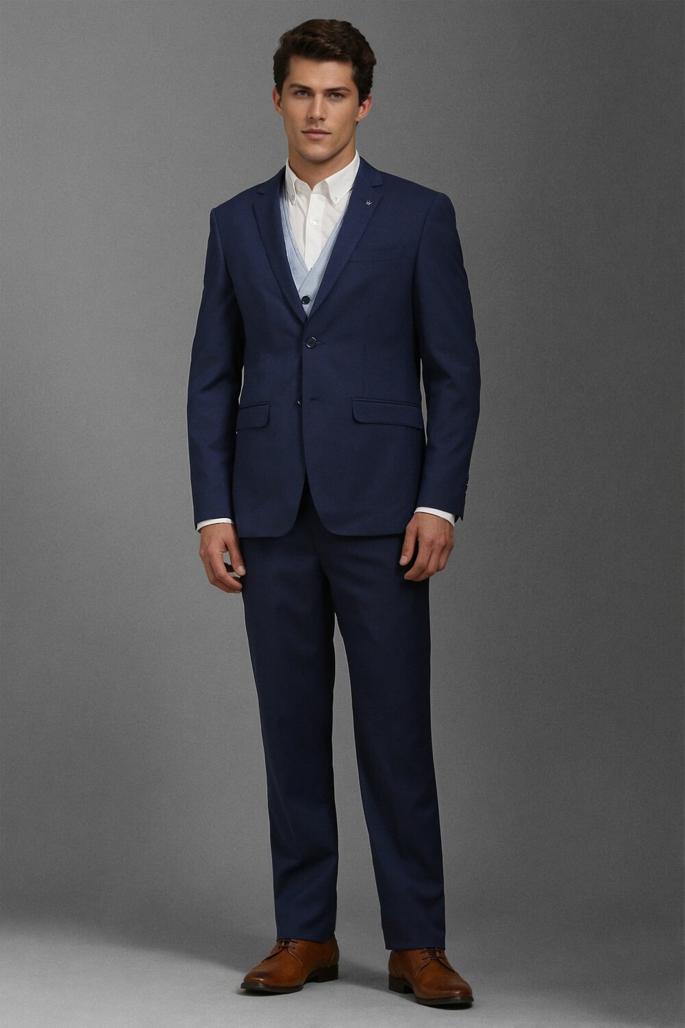 Men Navy Slim Fit Textured Formal Three Piece Suit-Navy